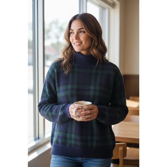 Charter Club Sweater Turtleneck Black Watch Plaid Old Money Preppy Womens Medium - Picture 1 of 9